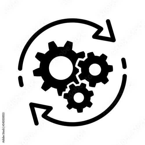 Process vector icon in flat style. Development concept. Update sign, technology, engine symbol isolated in black. Gear with arrow. Simple circle, cycle icon in black. Vector illustration for graphic d
