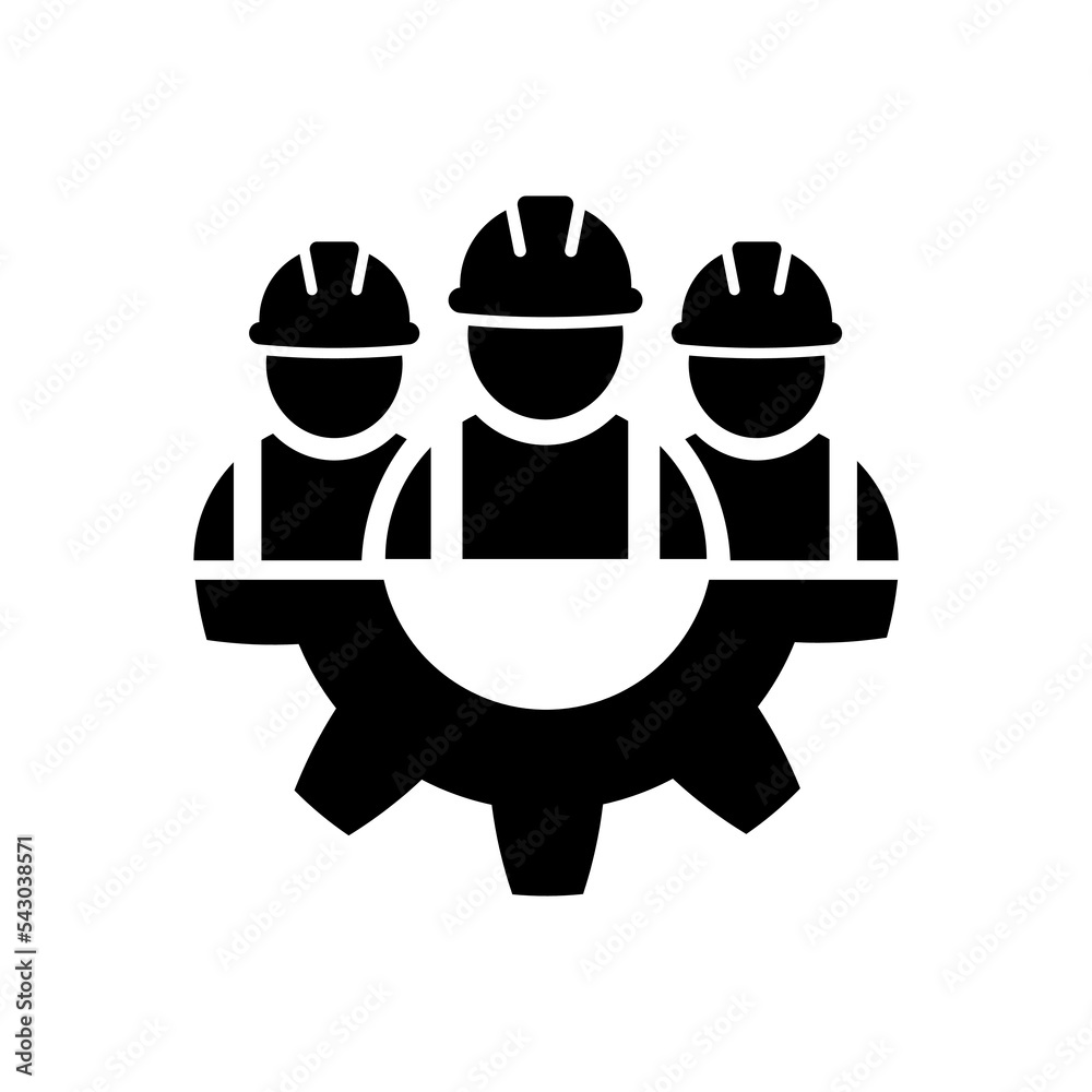 Industrial workers with gear icon in flat style. - Teamwork business icon. Construction workers Building contractor symbol Isolated on white background. Abstract builders icon in black Vector illustra