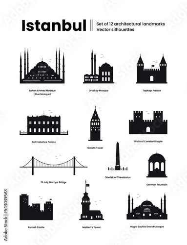 Istanbul Turkey concept. Set of 12 architectural landmarks. Silhouettes for wayfinding signs. Vector illustration on a white background.
