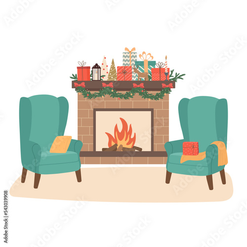 Christmas cozy living room interior with fireplace, armchairs and decoration. Winter holidays decor, Xmas tree, garland, gifts. Happy New Year. Cartoon vector illustration, greeting card