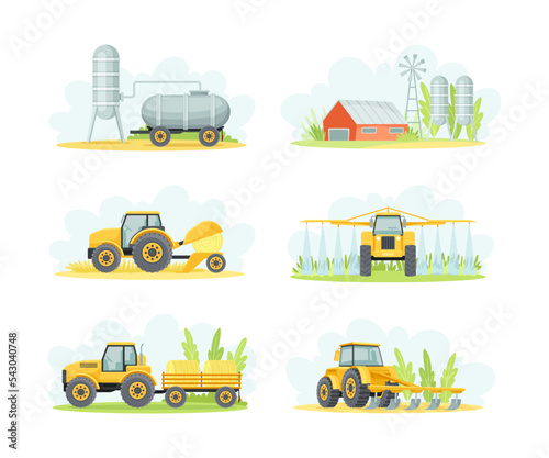 Agricultural Farming Machinery with Water Tank, Hay Baler, Barn, Plow and Sprayer Vector Set