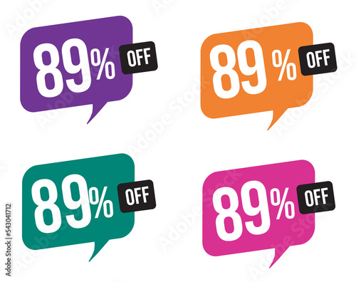  89 percent discount. purple, orange, green and pink balloons for promotions and offers. Vector Illustration on white background.