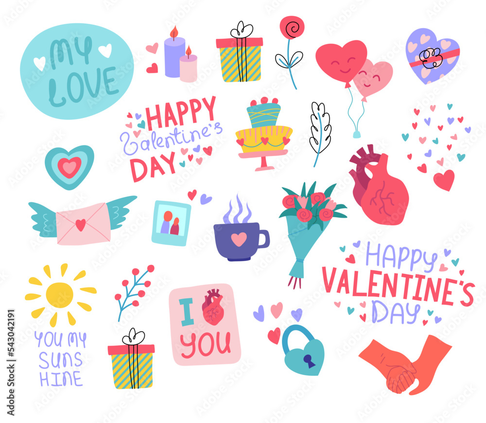 Cartoon Color Different Cute Valentines Day Labels Badges Stickers Set Romantic Concept Flat Design Style. Vector illustration