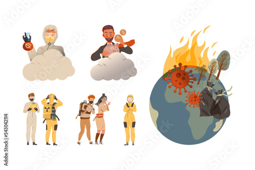 Environmental problems set. Global warming, environmental pollution Ecological activists caring about planet vector illustration