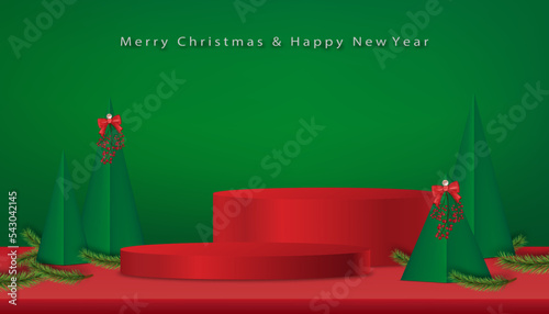 Christmas and New Year background with 3d podium,Christmas trees paper cut on green background,X mas pine fir lush tree. Vector Winter holiday composition for Greeting card, banner, poster