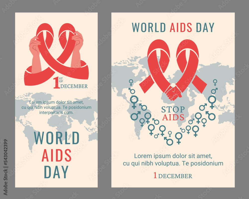 World AIDS day poster, flyer. People holding red ribbon as symbol of the AIDS control. Support for hiv infected people. World map with gender signs, lettering. Vector illustration - obrazy, fototapety, plakaty 