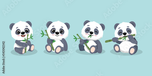 set of cute cartoon panda with bamboo isolated on blue background.Illustration in flat style.Vector