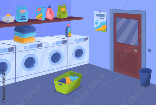Cartoon Color Laundry Room Interior Inside Concept with Washing Machine and Household Chemistry Flat Design Style. Vector illustration