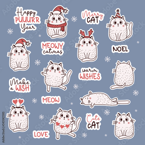 Funny stickers with cute cats for christmas and winter. Vector illustration. Collection isolated character cats and festive inscriptions for Christmas and New year design