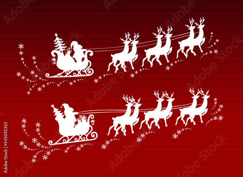 Santa Claus and gifts in sleigh with reindeer.
