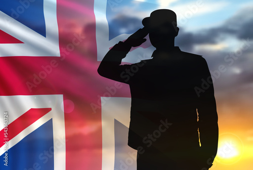 Soldier saluting on a background of sunset and Great Britain flag. Poppy Day, Remembrance Day. Great Britain celebration. 3d-image