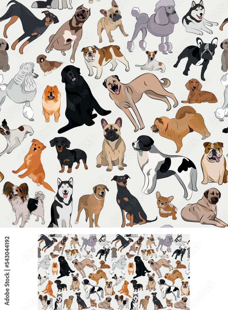 Fototapeta premium Seamless dog pattern, holiday texture. Bulldog, poodle,husky,chow.Silhouettes, packaging, textile, textile, fabric, decoration, wrapping paper. Trendy hand-drawn different breeds wallpaper. Many dogs.