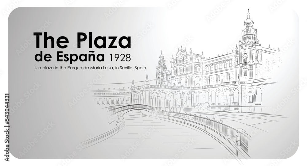 The Plaza de España. Plaza in Spain outline vector drawing.