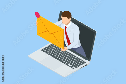 Isometric Email Notification Concept. Message Online Chat Social Text Concept. Spam. New Email, Messaging, Email marketingm Working process, New email message