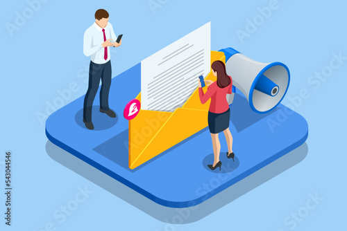 Isometric Email Notification Concept. Message Online Chat Social Text Concept. Spam. New Email, Messaging, Email marketingm Working process, New email message