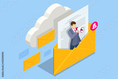 Isometric Email Notification Concept. Message Online Chat Social Text Concept. Spam. New Email, Messaging, Email marketingm Working process, New email message