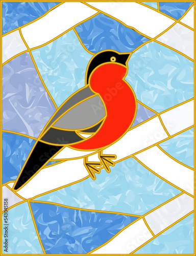Stained glass Window. Vector composition of Red bullfinches on a snowy white branches. Winter birds. For ArchiCAD, interiors. Leaded pane. Tiffany stained Glass.
