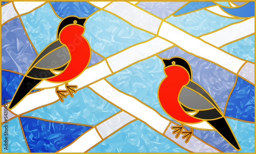 Stained glass Window. Vector composition of Red bullfinches on a snowy white branches. Winter birds. For ArchiCAD, interiors. Leaded pane. Tiffany stained Glass.