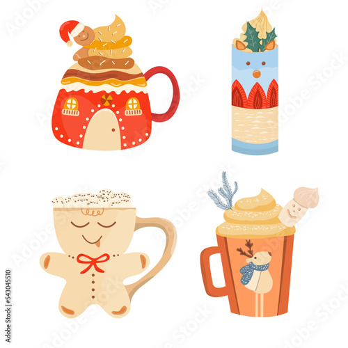 Christmas mugs set. Mugs of cacao with whipped cream, marshmallow, candy cane, cinnamon. Winter hot drinks. Christmas beverages collection. Coffee mug, tea, hot chocolate. Vector illustration.