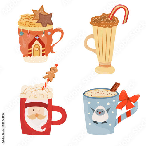 Christmas mugs set. Mugs of cacao with whipped cream, marshmallow, candy cane, cinnamon. Winter hot drinks. Christmas beverages collection. Coffee mug, tea, hot chocolate. Vector illustration.