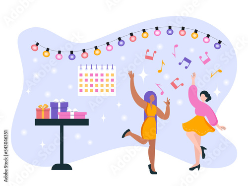 Vector, flat style. Girls dancing, party, party, dancing, music. Feminism. Latin Americans and Africans. Gifts, fireworks.