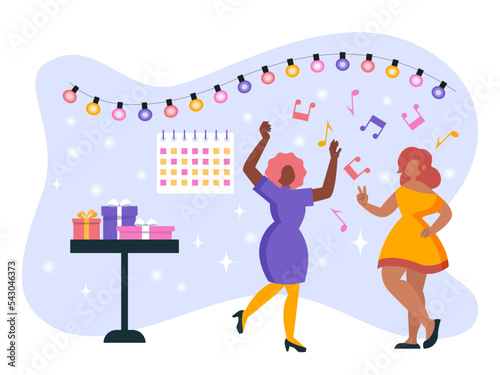 Vector, flat style. Girls dancing, party, party, dancing, music. Feminism. Latin Americans and Africans. Gifts, fireworks.