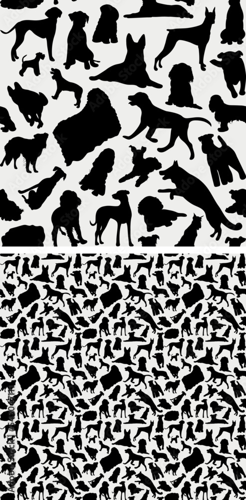 Seamless dog pattern,holiday texture. Boxer,lab, spaniel, terrier Silhouettes, packaging, textile, textile, fabric, decoration, wrapping paper. Trendy hand-drawn different breeds wallpaper. Many dogs.