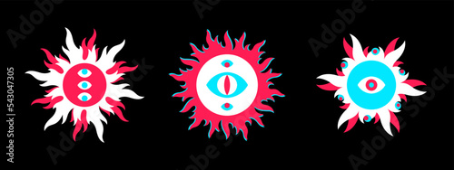 Surreal radial flat vector illustration, round frame or border template. Sun crown shape, tongues of fire, flame circle with the all-seeing eyes. Prediction, divination concept, t-shirt print design. 