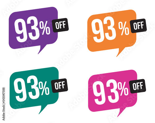 93 percent discount. purple, orange, green and pink balloons for promotions and offers. Vector Illustration on white background.