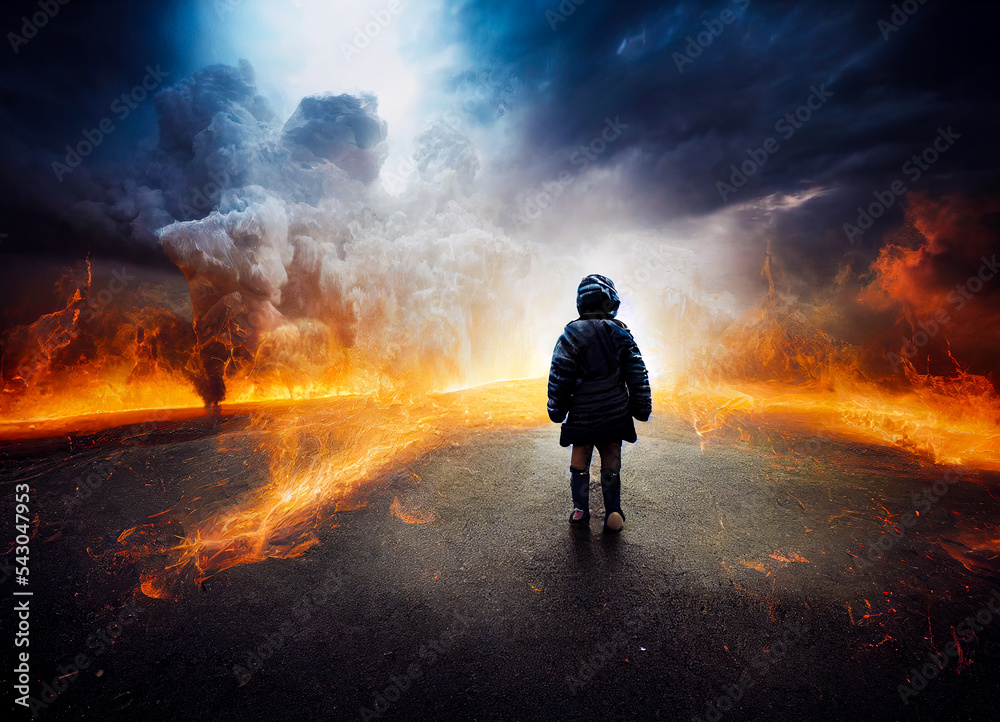 The road to hell. Child walking post-apocalyptic landscape road. Armageddon concept.