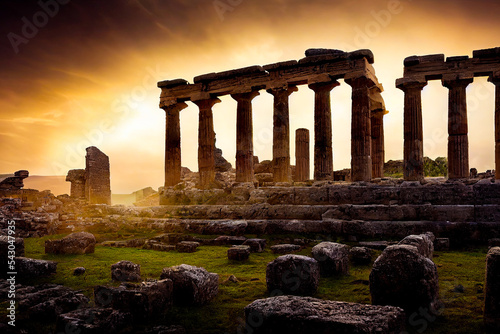 Ancient greek ruins, roman style pillars, remnants of old architecture in the sunset