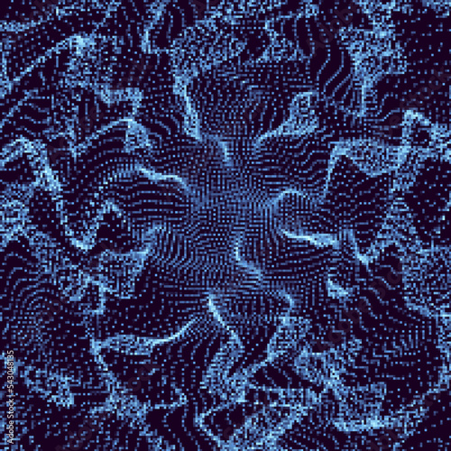 Wavy dance of particle around center. Abstract technology illustration