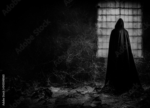 Scary background with dark priest residing over black magick ritual photo