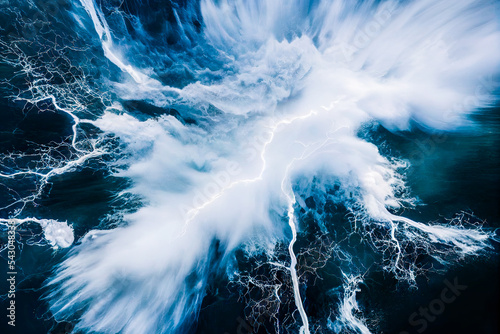 Lightning in the sea, aerial illustration of thunder stom on the water photo