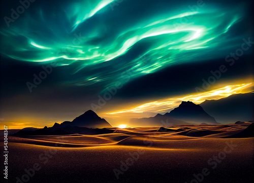 Aurora Borealis over desert mountain landscape