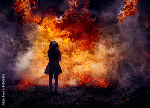 Firestarter concept, devilish little girl stares at the fire she started