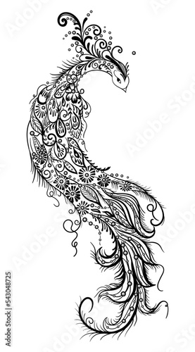 Decorative mythical bird from traditional floral and line patterns