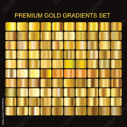 Premium Gold Gradients Set, 100 Gold Gradient Swatches Vector Pack. 