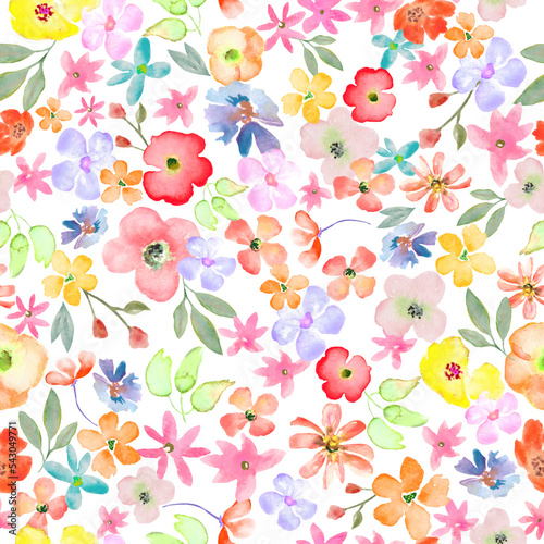 Watercolor  seamless pattern with abstract bright abstract  flowers, leaves, branches. Hand drawn floral illustration isolated on white background. For packaging, wrapping design or print. © Alla