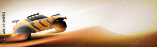 Yellow rally sports car bashing and jumping in desert on panoramic sunny sandy background. Car extreme sport, safari off road competition horizontal banner vector illustration