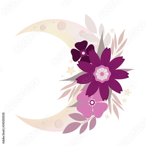 Flower composition with a moon. Vector illustration of the moon and flowers.
