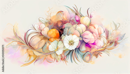 Flowers in a watercolor style. Drawn on a textured background in pastel colors, fit the photo wallpaper into rooms or home interiors. 3D render. © CreativeImage