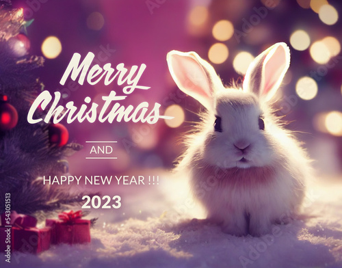 Congratulations winter holiday postcard with symbols of year, Christmas tree and gifts. Adorable bunny with big ears sitting on snow. Greeting card with text. Best wishes for Christmas and New Year