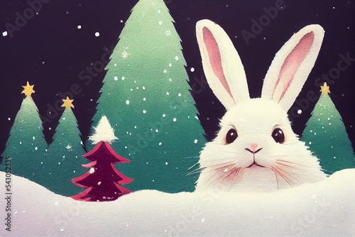 Happy New Year and Merry Christmas congratulation postcard with bunny and different Christmas trees. Gift card with a year symbol 2023. Winter holidays party celebration, copy space. Place for text