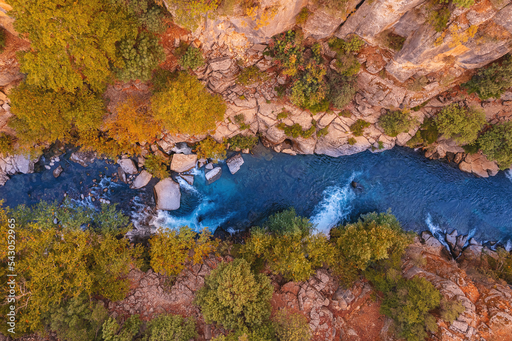 Winding river from Koprulu Tazi Canyon. Manavgat Antalya Turkey aerial top view