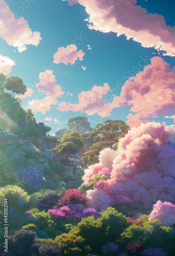 Dramatic clouds in a beautiful rural nature garden an illustration in an anime background