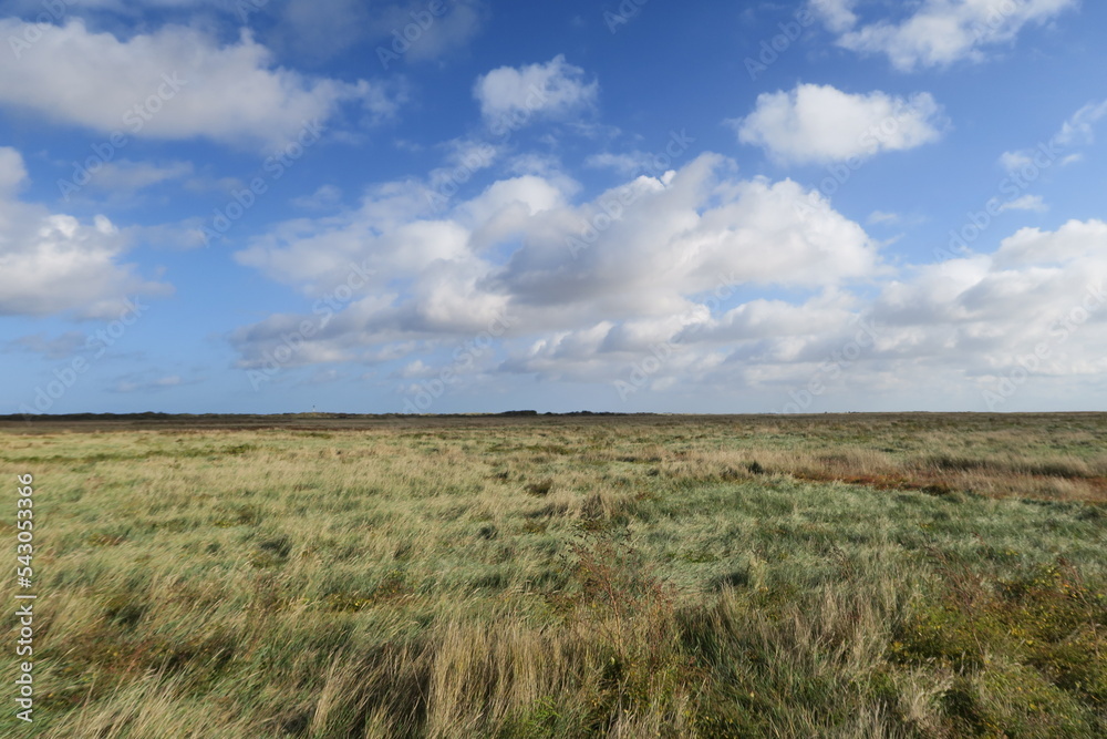 Über den flachen Salzwiesen der Nordseeinsel Baltrum sind  im Herbst schöne Wolkengebilde zu sehen.