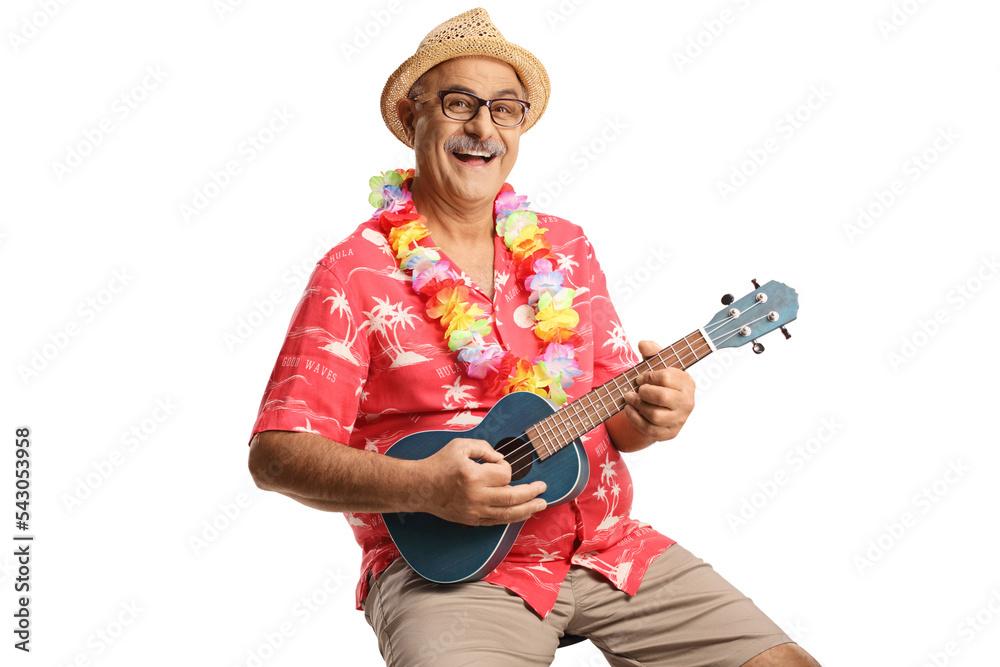 Marture man with flower chain around neck playing ukulele and smiling Marture man with flower chain around neck playing ukulele and smiling