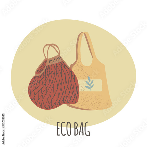 Zero waste concept. Set of mesh and textile reusable bags for products. Natural and biodegradable material pouches. Vector illustration. Eco friendly product. No plastic.