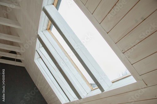 The ceiling of a country residence in the Carpathians. Ecological housing. Natural materials. Healthy lifestyle